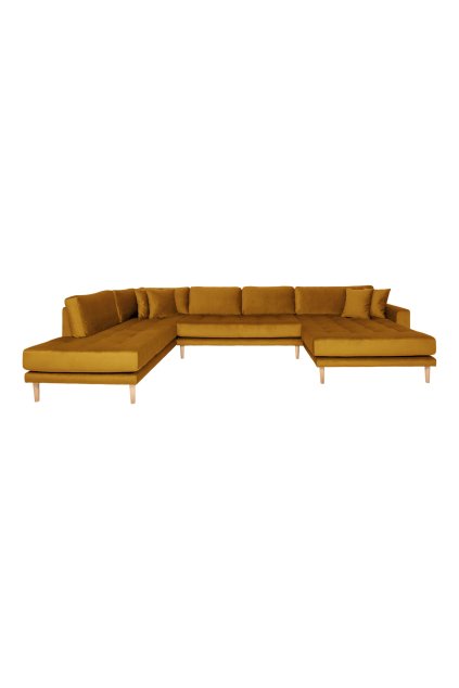 Lido U-Sofa Open End - Lido U-Sofa Open End, pravá strana, v horčicovo žltom zamate so štyrmi vankúšmi a nohami z prírodného dreva HN1004