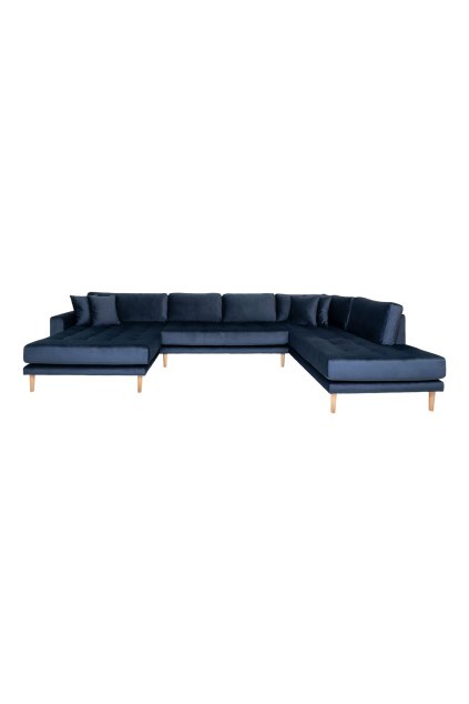 Lido U-Sofa Open End - U-Sofa Open End, ľavá strana v tmavomodrom zamate so štyrmi vankúšmi a nohami z prírodného dreva HN1005