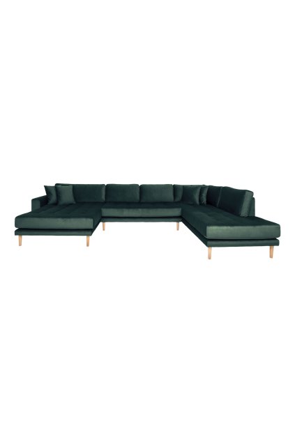 Lido U-Sofa Open End - U-Sofa Open End, ľavá strana v tmavozelenom zamate so štyrmi vankúšmi a nohami z prírodného dreva HN1006