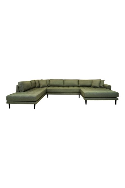 Lido U-Sofa Open End - U-Sofa Open End, pravé prevedenie v olivovo zelenej farbe so štyrmi vankúšmi a čiernymi drevenými nohami HN1020