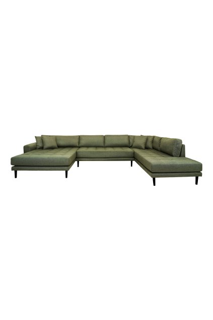 Lido U-Sofa Open End - U-Sofa Open End , ľavá strana v olivovo zelenej farbe so štyrmi vankúšmi a čiernymi drevenými nohami HN1020