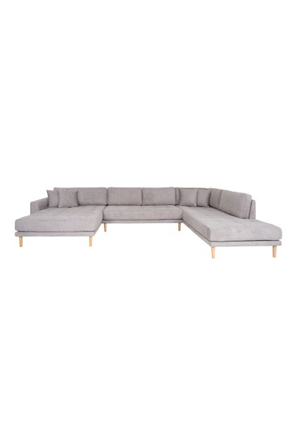 Lido U-Sofa Open End - U-Sofa Open End, ľavá strana, svetlosivá farba so štyrmi vankúšmi a nohami z prírodného dreva HN1040