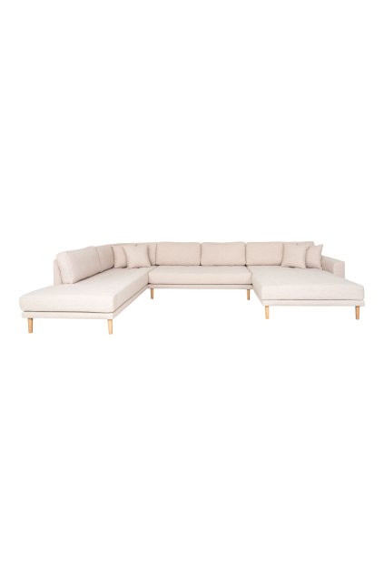 Lido U-Sofa Open End - U-Sofa Open End, pravá strana v pieskovej farbe so štyrmi vankúšmi a nohami z prírodného dreva HN1050