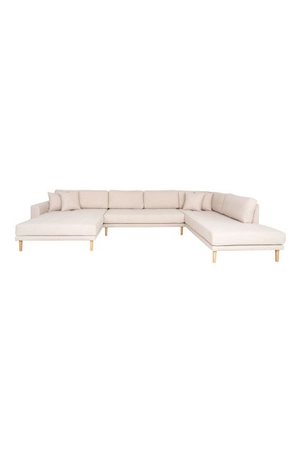 Lido U-Sofa Open End - U-Sofa Open End, ľavá strana v pieskovej farbe so štyrmi vankúšmi a nohami z prírodného dreva HN1050