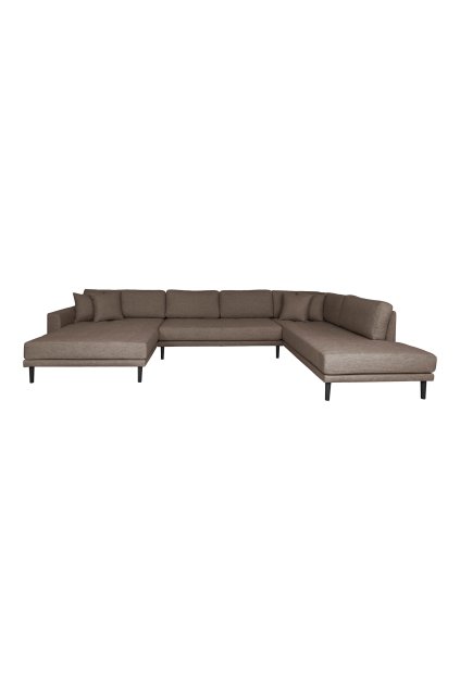 Lido U-Sofa Open End - U-Sofa Open End, ľavá strana v hnedej farbe so štyrmi vankúšmi a čiernymi drevenými nohami HN1055