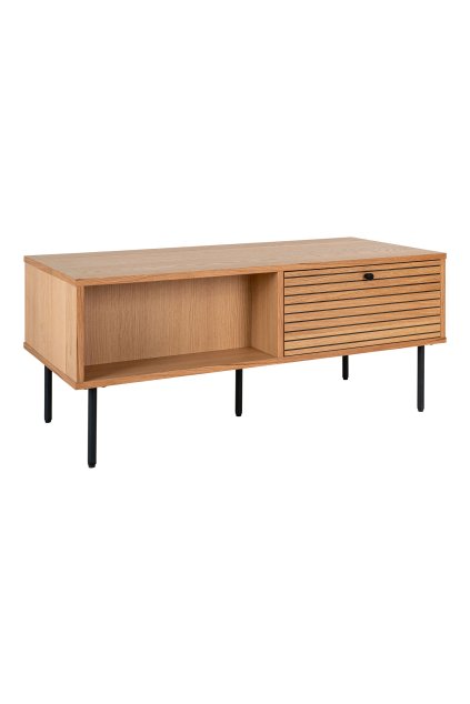 Konferenčný stolík Kyoto - Konferenčný stolík, 2 zásuvky, dubová dyha, prírodná farba, čierne kovové nohy 50x100x45 cm
