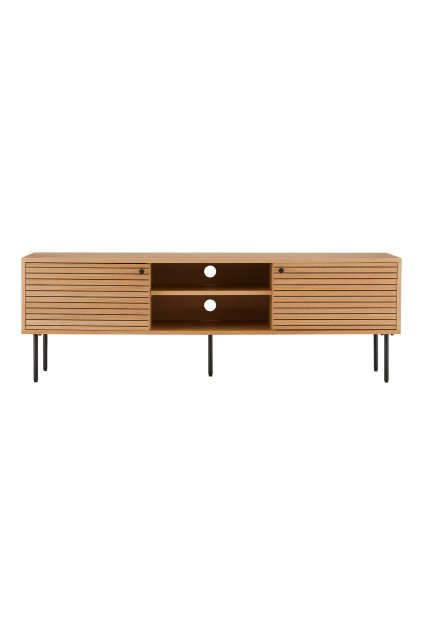 TV stolík Kyoto - TV stolík, 2 dvierka, 2 police, dubová dyha, prírodná farba, čierne kovové nohy 150x40x50 cm