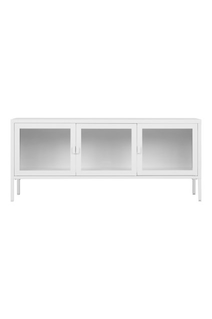 Brisbane TV lavica - TV lavica, 3 sklenené dvierka, oceľ, biela 130x40x55 cm