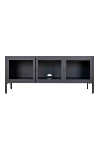 Brisbane TV lavica - TV lavica, 3 sklenené dvierka, oceľ, čierna 130x40x55 cm