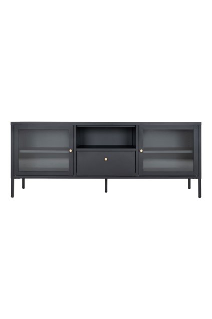 Dalby TV lavica - TV lavica, 2 sklenené dvierka, 1 zásuvka, oceľ, čierna 150x35x60 cm