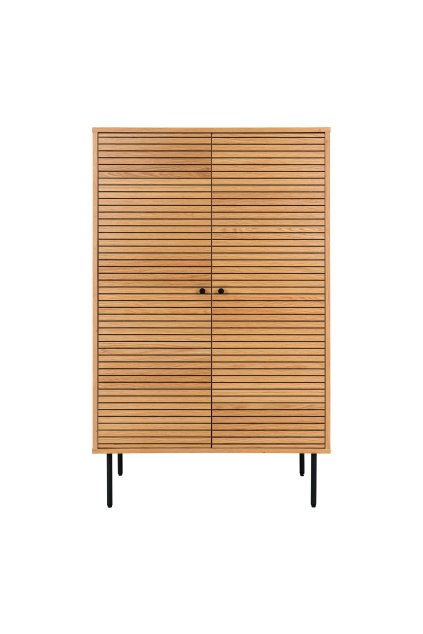 Kyoto Highboard - vysoká doska, 2 dvierka, dubová dyha, prírodná farba, čierne kovové nohy 80x40x130 cm