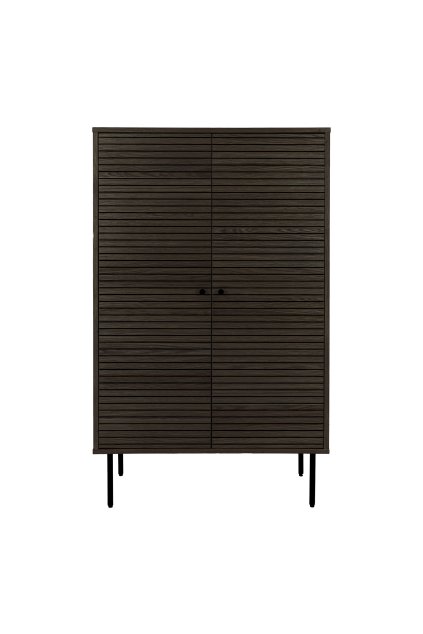 Kyoto Highboard - vysoká doska, 2 dvierka, dubová dyha, dymová, čierne kovové nohy 80x40x130 cm