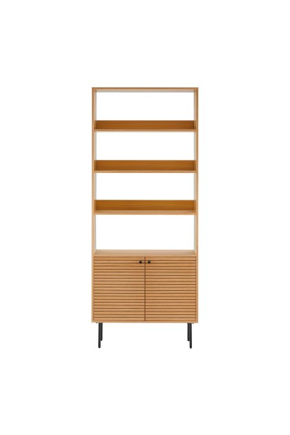 Kyoto Book Shelf - Regál na knihy, 2 dvierka, 4 police, dubová dyha, prírodná farba, čierne kovové nohy 80x30x200 cm