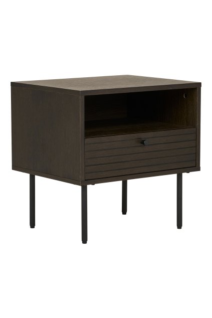 Kyoto Side Table - Bočný stolík, 1 zásuvka, dubová dyha, dym, čierne kovové nohy 50x40x50 cm