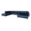 Lido U-Sofa Open End - U-Sofa Open End, pravá strana, tmavomodrý zamat, štyri vankúše a nohy z prírodného dreva HN1005