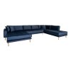 Lido U-Sofa Open End - U-Sofa Open End, ľavá strana v tmavomodrom zamate so štyrmi vankúšmi a nohami z prírodného dreva HN1005