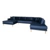 Lido U-Sofa Open End - U-Sofa Open End, ľavá strana v tmavomodrom zamate so štyrmi vankúšmi a nohami z prírodného dreva HN1005