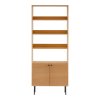 Kyoto Book Shelf - Regál na knihy, 2 dvierka, 4 police, dubová dyha, prírodná farba, čierne kovové nohy 80x30x200 cm